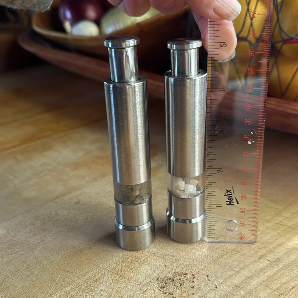 Vintage Crate&Barrel salt and pepper grinders. 5” tall. Heavy & well made EUC